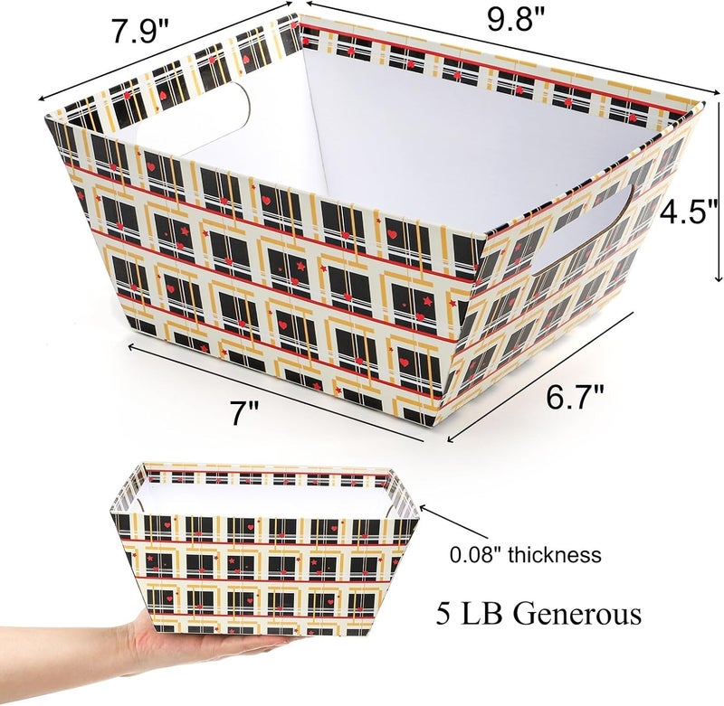 DEAYOU 6 Pack Baskets for Gifts Empty, 10" x 8" Sturdy Cardboard Market Tray with Handle, Paper Gift Baskets Kit To Fill with Wrap Bags and Gold Pull Bows for Easter, Christmas, Birthday, Black Plaid - Image 2